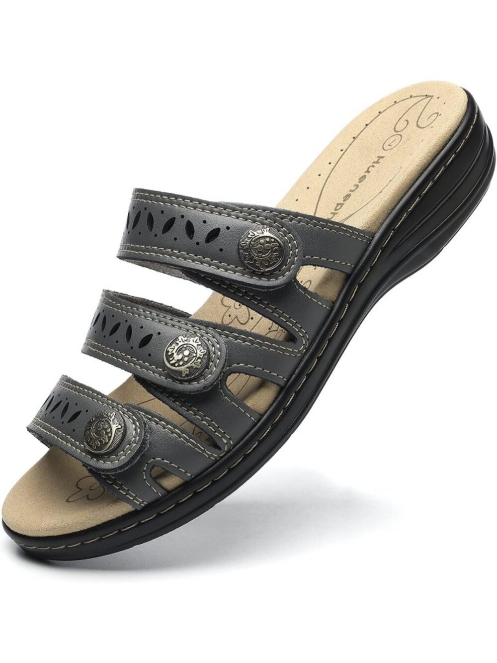 Women's Comfort Leather Slides Flat Sandals Grey Slip On Casual Walking Slippers